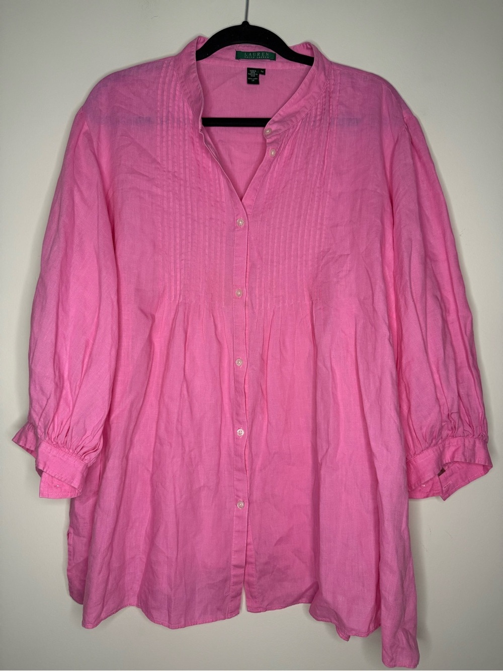 LAUREN RALPH LAUREN 100% Linen Barbiecore Pintuck Pleated Buttondown Pink Blouse